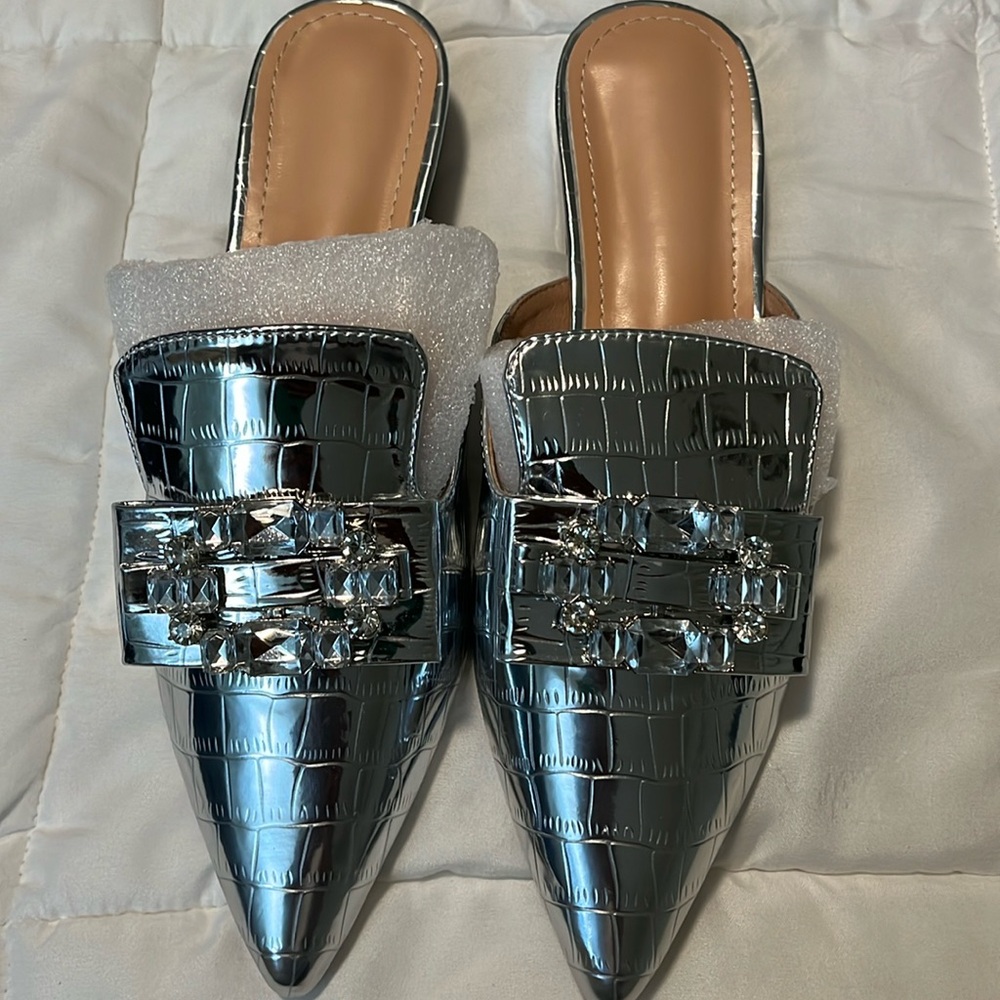 Silver mules with Clear stone embelished bows